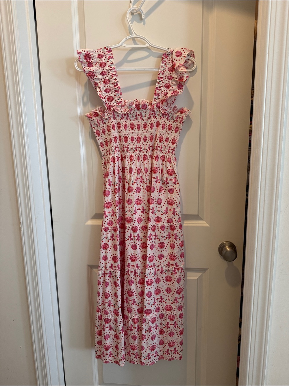 Hill House Pink Shell-Print Ruffle Strap Midi Dress